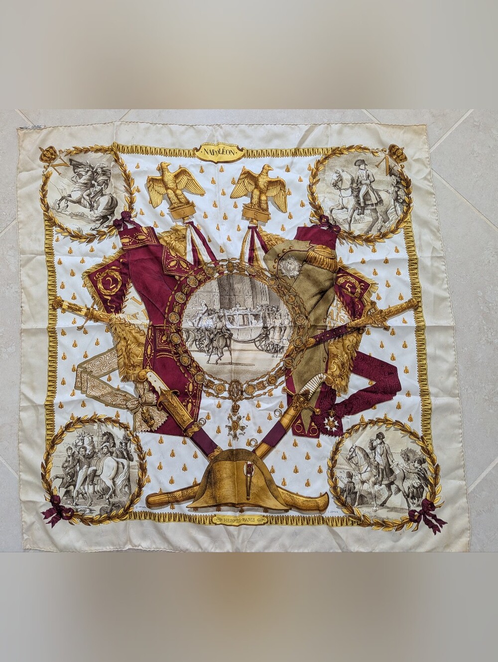 Vintage Rare Hermes Napoleon-Themed Silk Scarf in Ivory, Gold & Burgundy